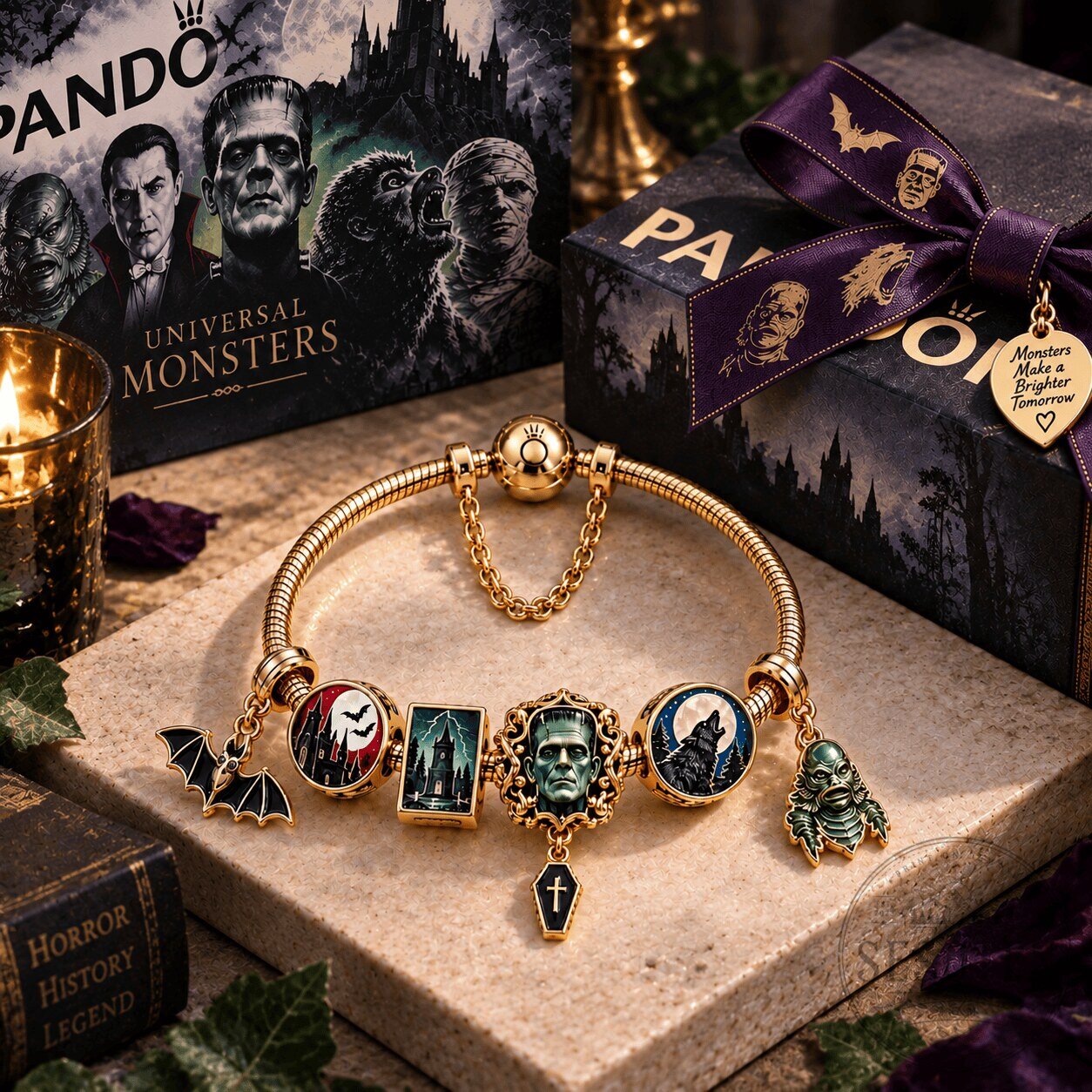 Universal Monsters Frankenstein Dracula Wolfman Creature Gold Charm Bracelet