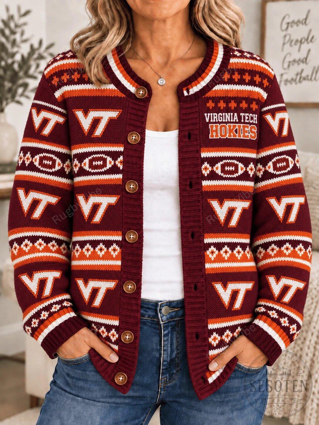 Virginia Tech Hokies Football Pattern Collegiate Cardigan Sweater