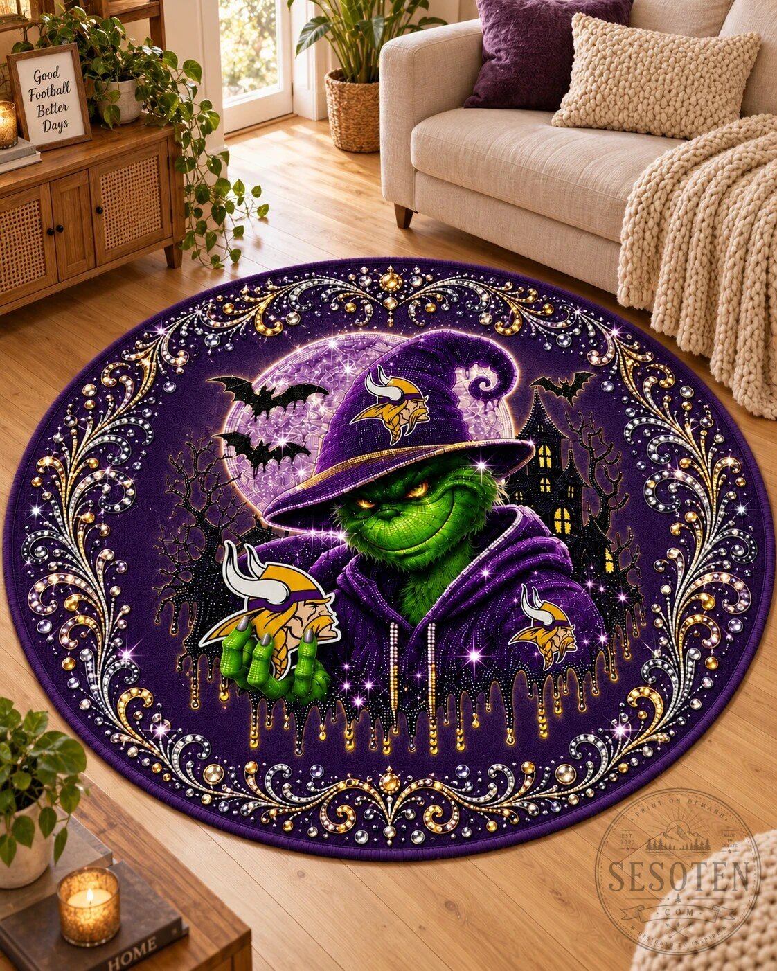 Minnesota Vikings Grinch Halloween Round Floor Rug
