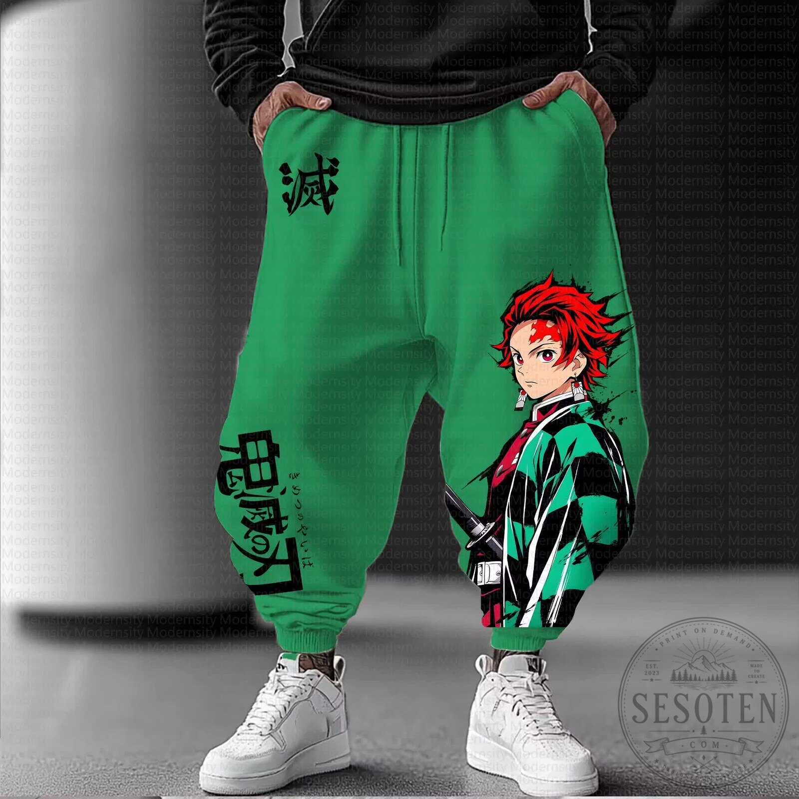 Demon Slayer Tanjiro Kamado Anime Graphic Green Sweatpants