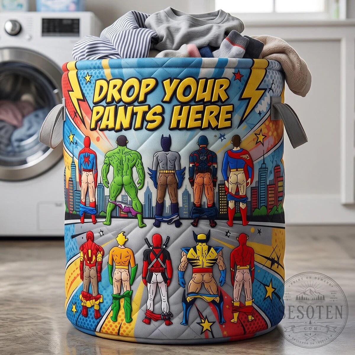 Drop Your Pants Here Superhero Laundry Basket for Dirty Clothes