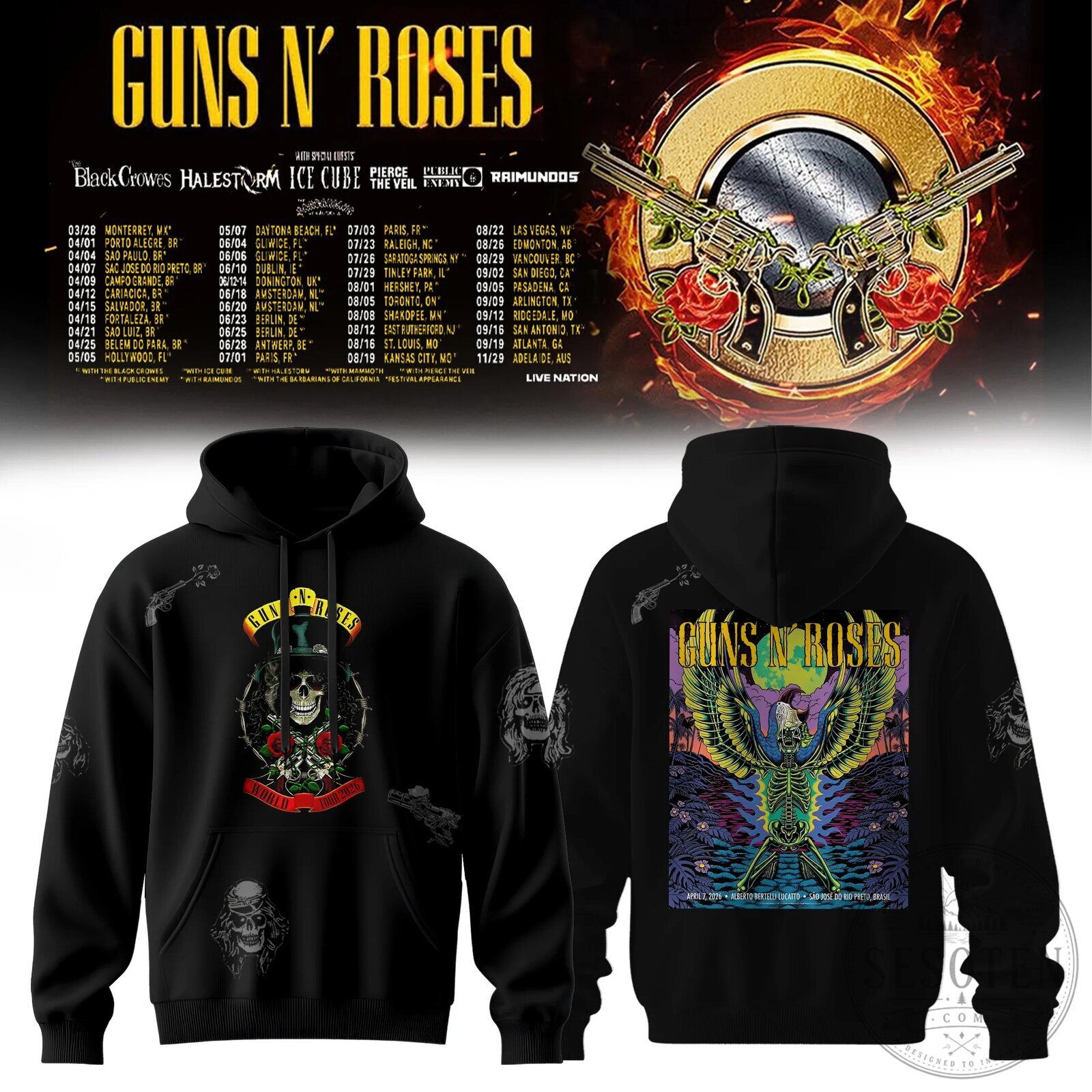 Guns N' Roses Here We Go 2026 Tour Dates Skull Design Hoodie