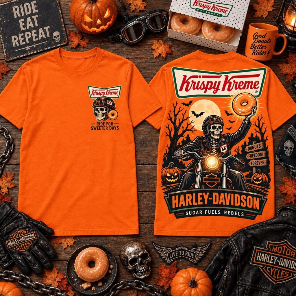 Krispy Kreme Harley Davidson Halloween Skeleton Rider T-Shirt Krispy Kreme Harley Davidson Halloween Skeleton Rider T-Shirt