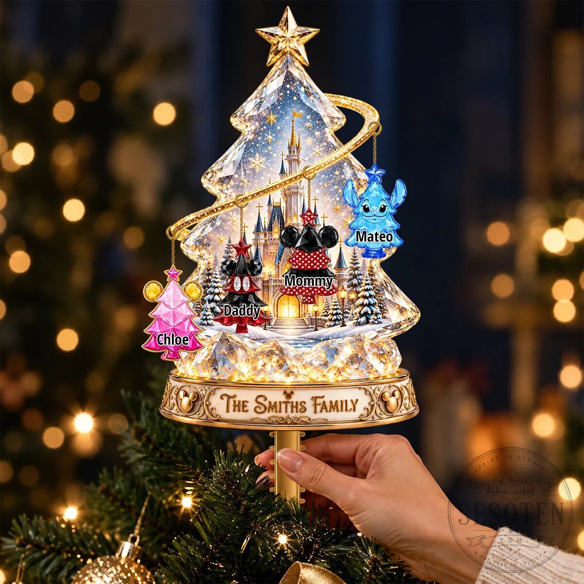 Personalized Disney Family Christmas Tree Topper with Castle and Character Ornaments