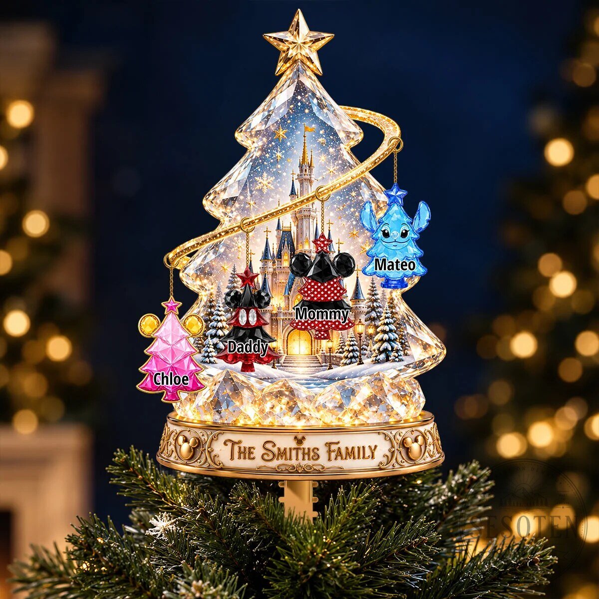 Personalized Disney Family Christmas Tree Topper with Castle and Character Ornaments 11 Personalized Disney Family Christmas Tree Topper with Castle and Character Ornaments