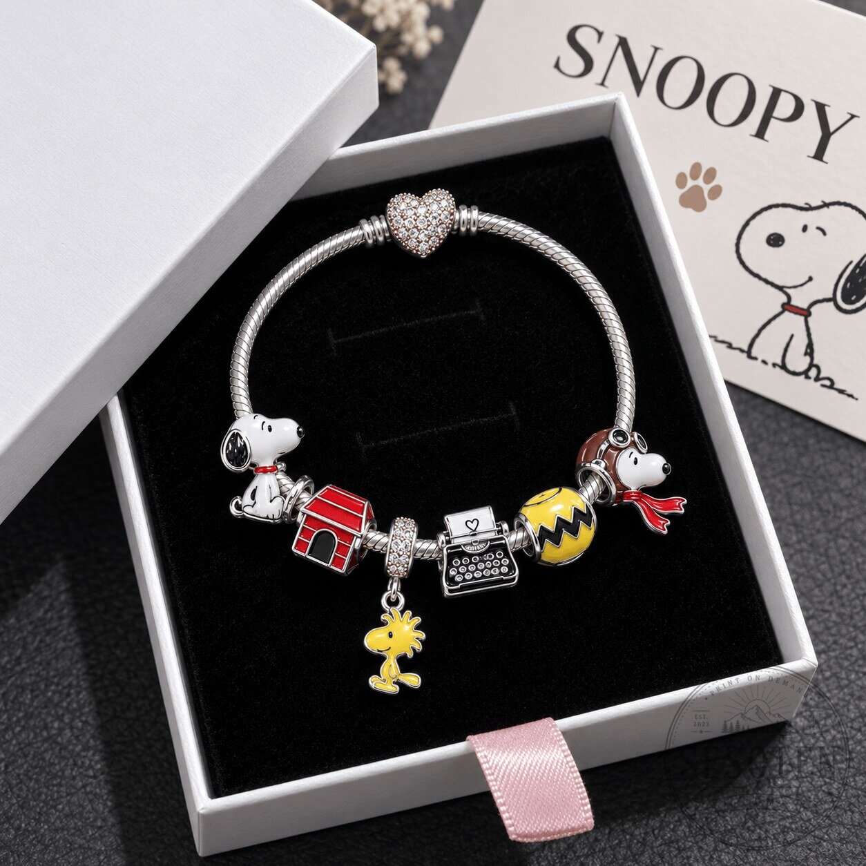 Snoopy Peanuts Cartoon Character Silver Charm Bracelet with Heart Clasp