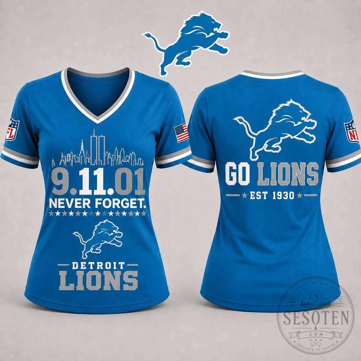 Detroit Lions Never Forget 9/11 Memorial Day Women's V-Neck T-Shirt