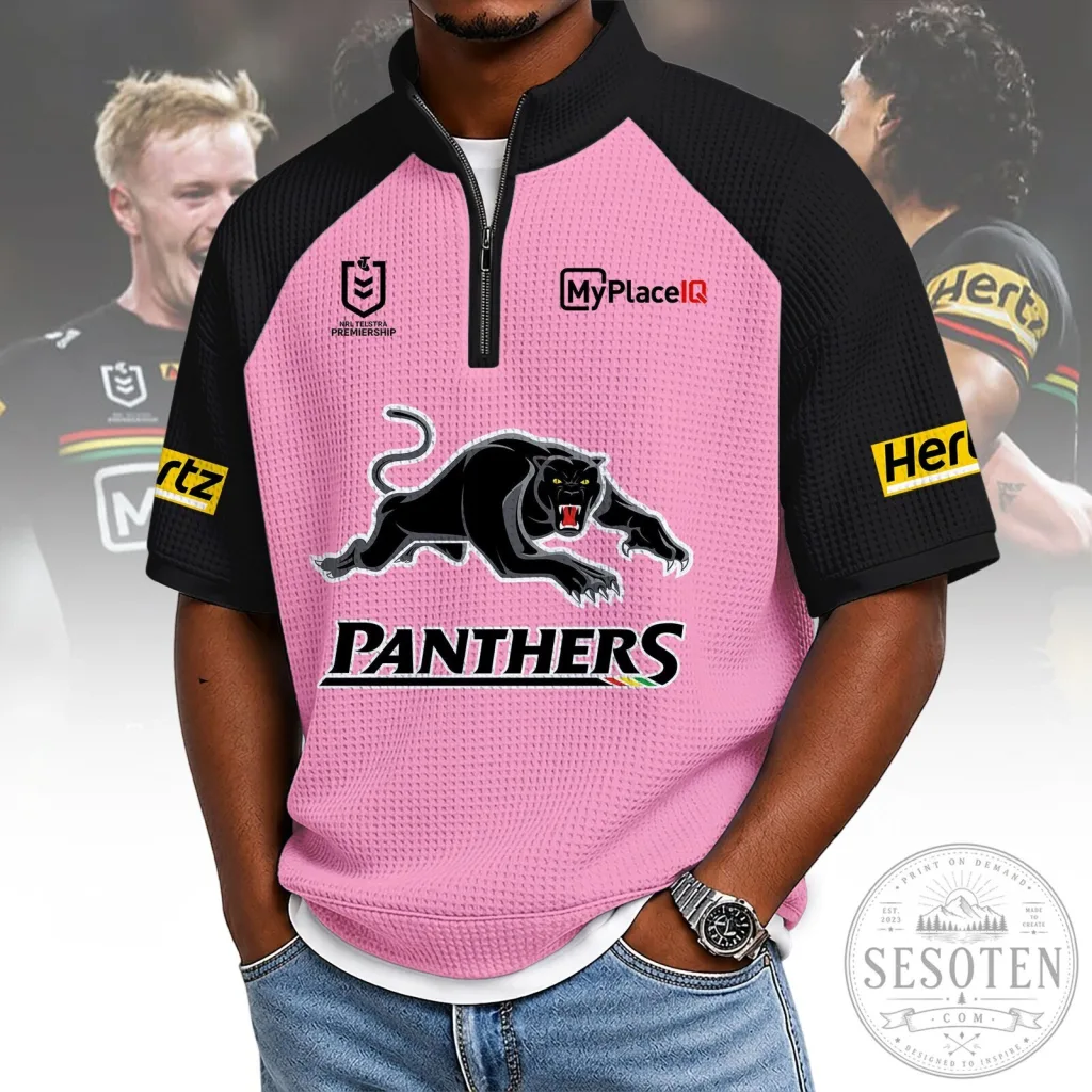 Penrith Panthers Rugby League Pink Quarter Zip Polo Shirt Penrith Panthers Rugby League Pink Quarter Zip Polo Shirt