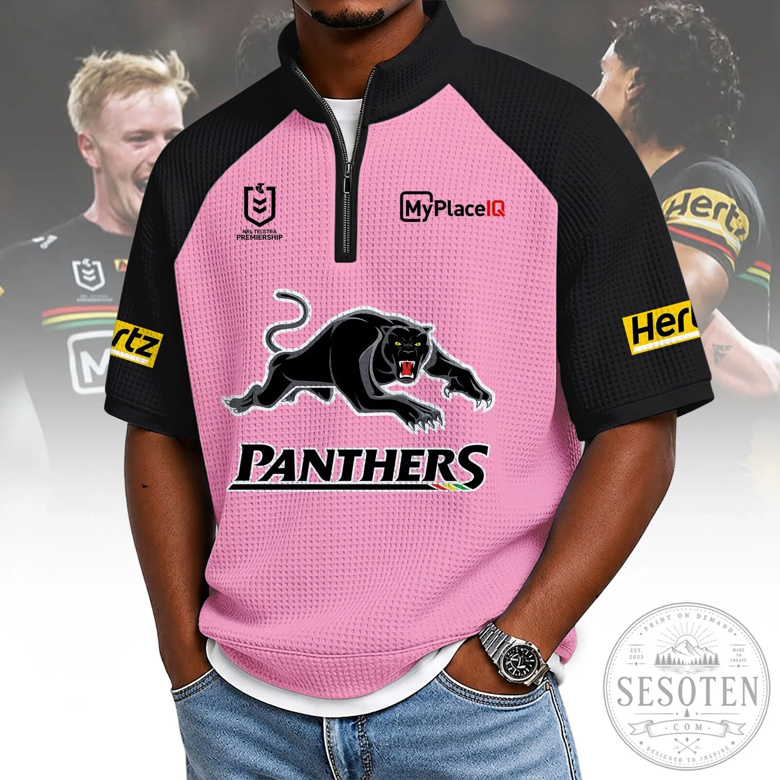 Penrith Panthers Rugby League Pink Quarter Zip Polo Shirt