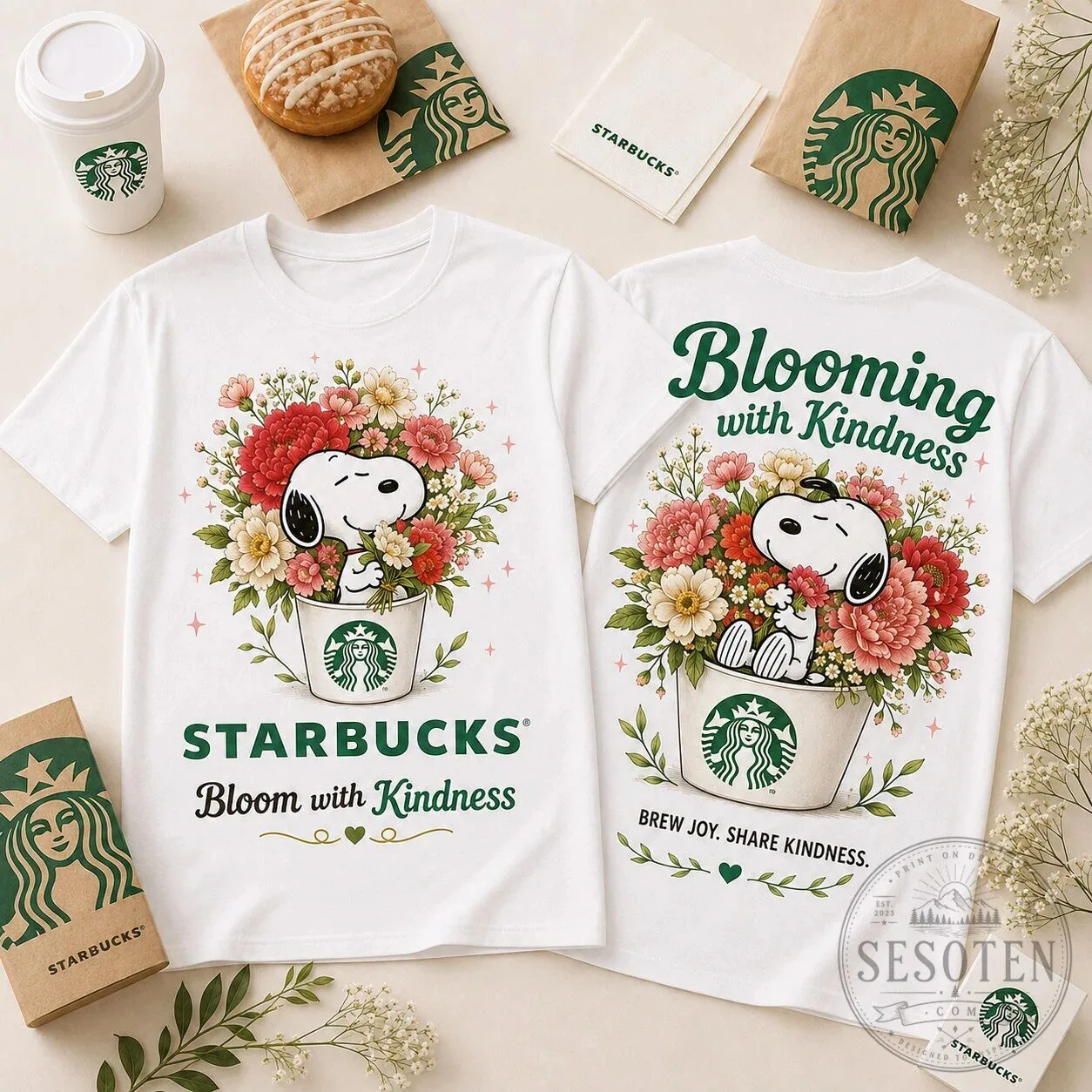 Snoopy Starbucks Floral Bouquet Blooming with Kindness T-Shirt