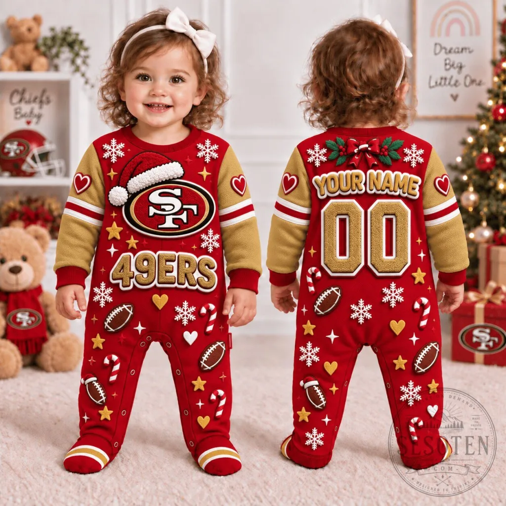 San Francisco 49ers Christmas Baby Footed Onesie Personalized Infant Romper San Francisco 49ers Christmas Baby Footed Onesie Personalized Infant Romper