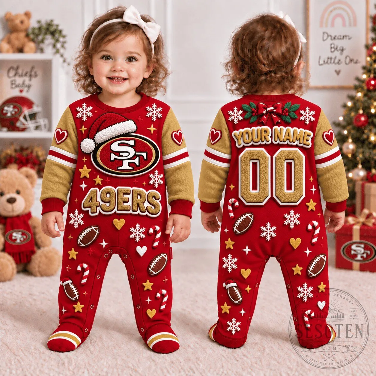 San Francisco 49ers Christmas Baby Footed Onesie Personalized Infant Romper