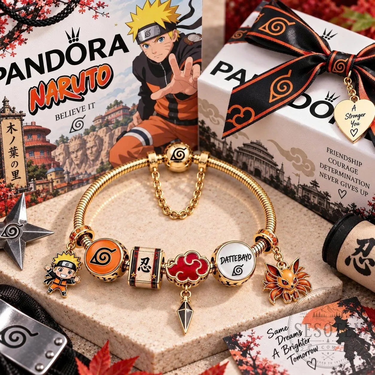 Naruto Uzumaki Gold Charm Bracelet Set with Nine-Tailed Fox Charms