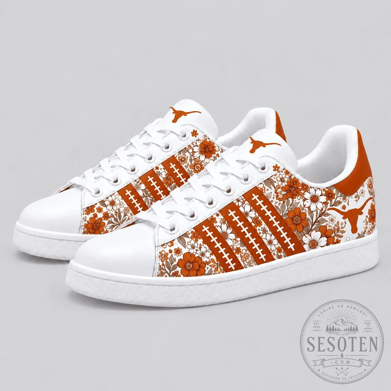 Texas Longhorns Floral Football Pattern White Sneakers