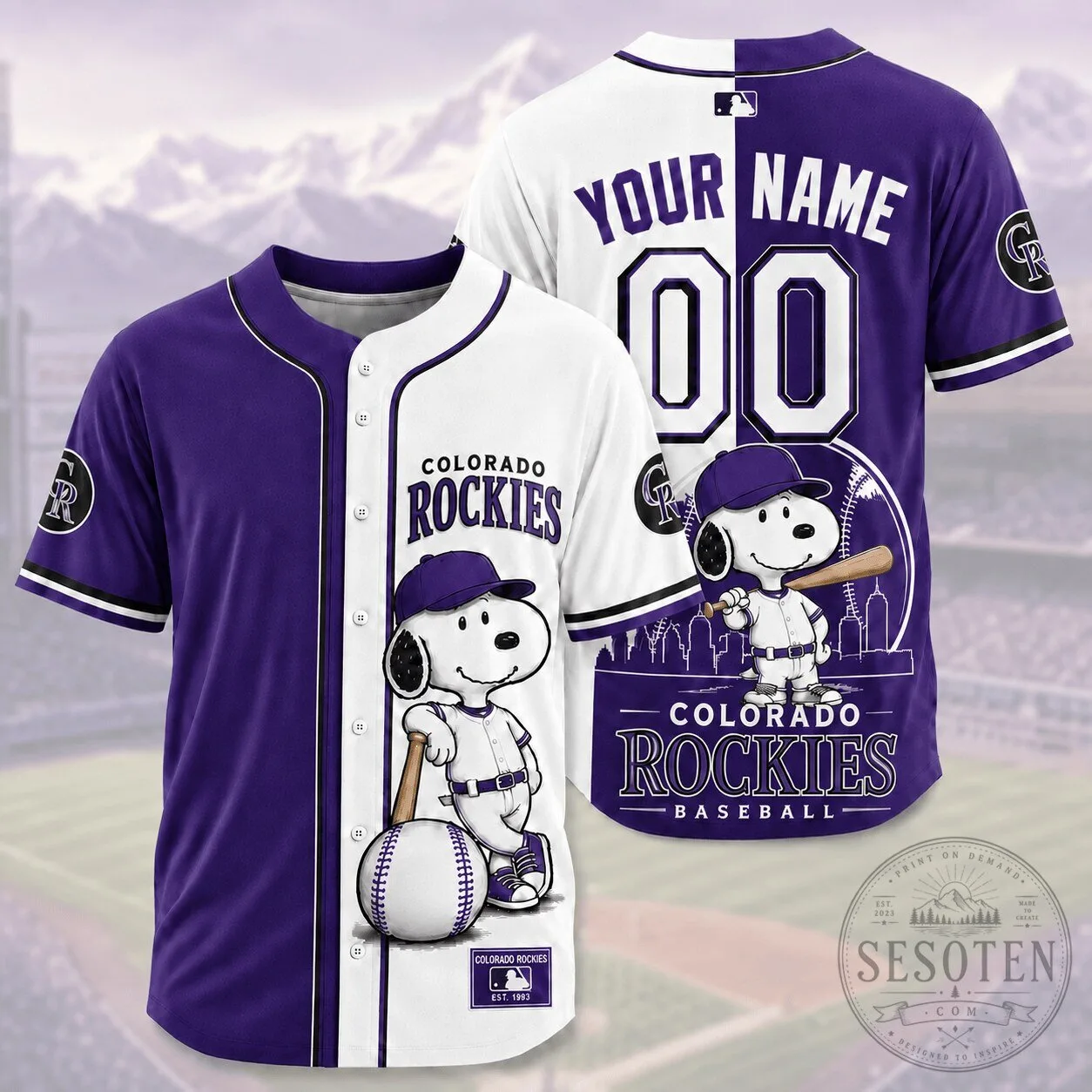 Colorado Rockies MLB Baseball Snoopy Personalized White and Purple Baseball Jersey
