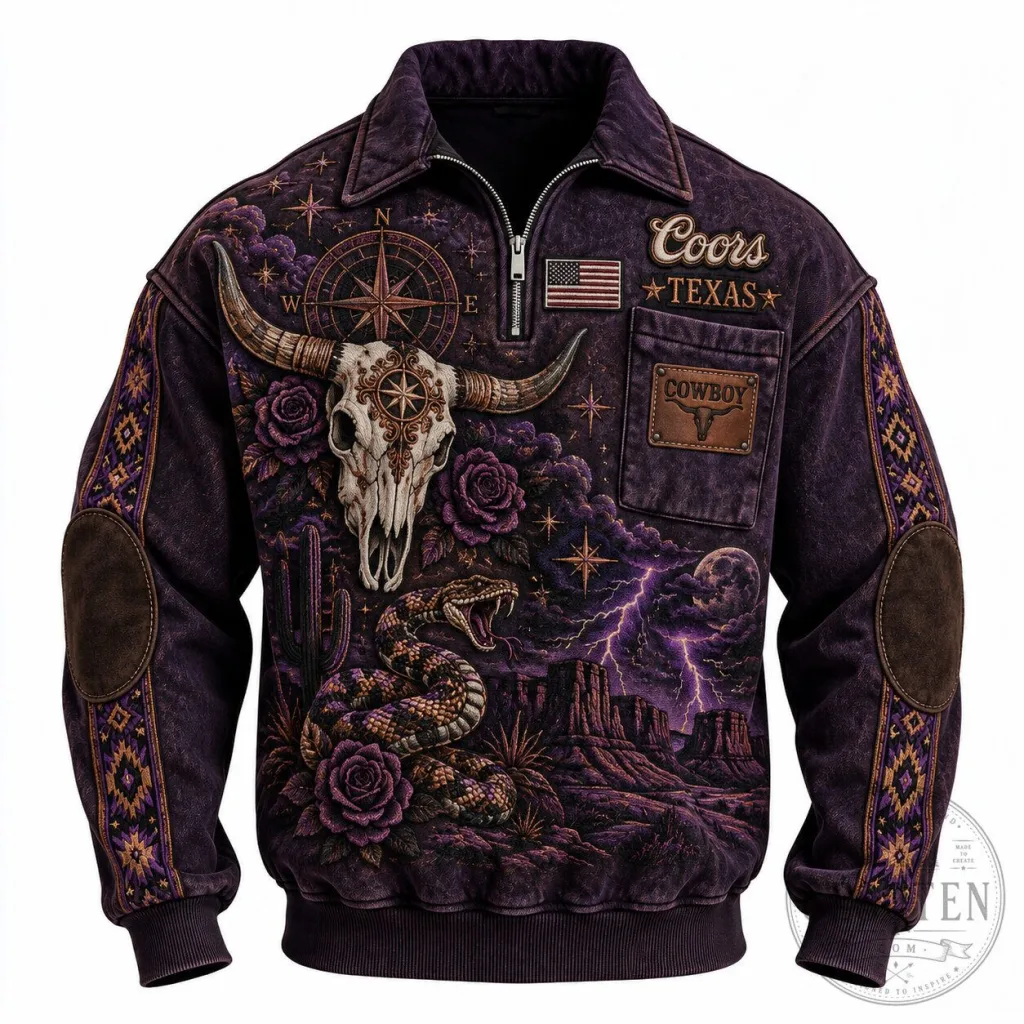 Coors Texas Cowboy Skull Snake Western Half-Zip Long-Sleeve Sweatshirt Coors Texas Cowboy Skull Snake Western Half-Zip Long-Sleeve Sweatshirt