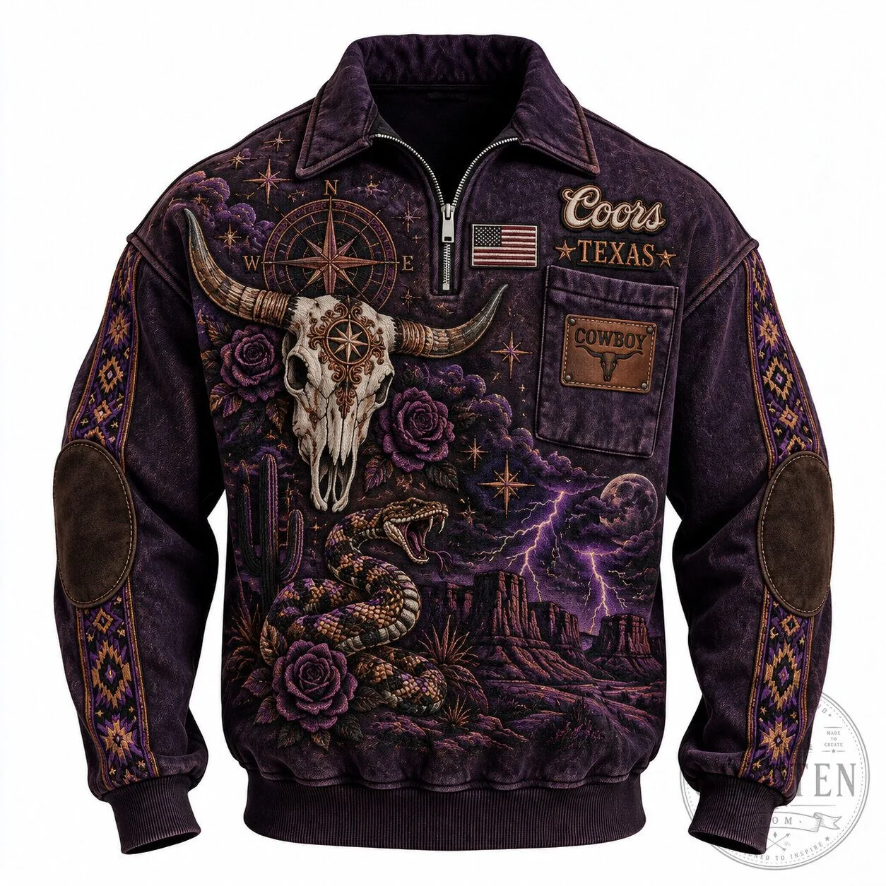 Coors Texas Cowboy Skull Snake Western Half-Zip Long-Sleeve Sweatshirt