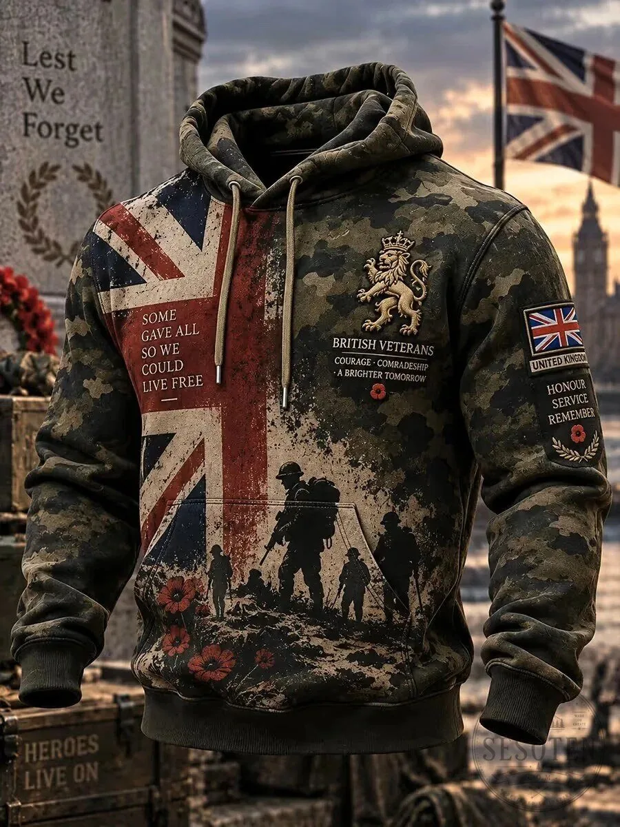 British Veterans Lest We Forget Camouflage United Kingdom Flag Hoodie