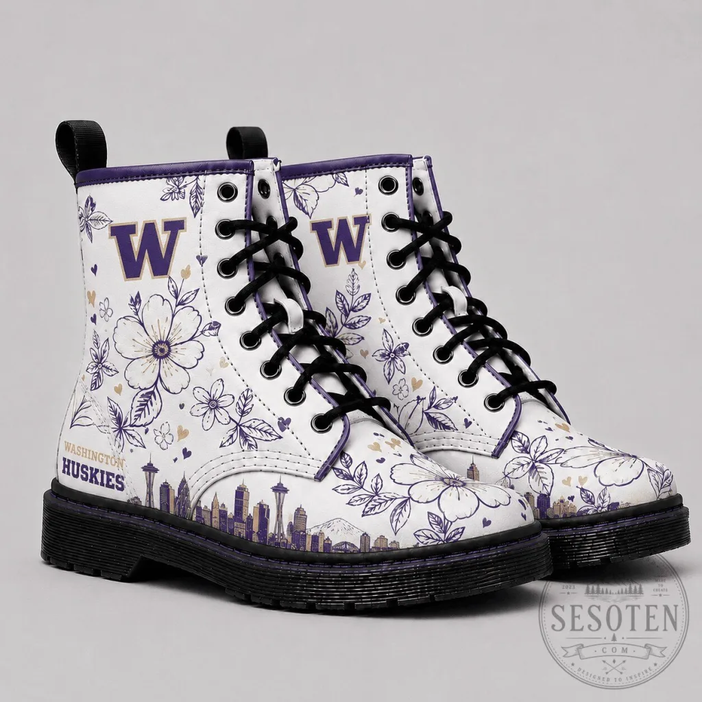 Washington Huskies Floral Pattern Skyline Combat Boots Washington Huskies Floral Pattern Skyline Combat Boots