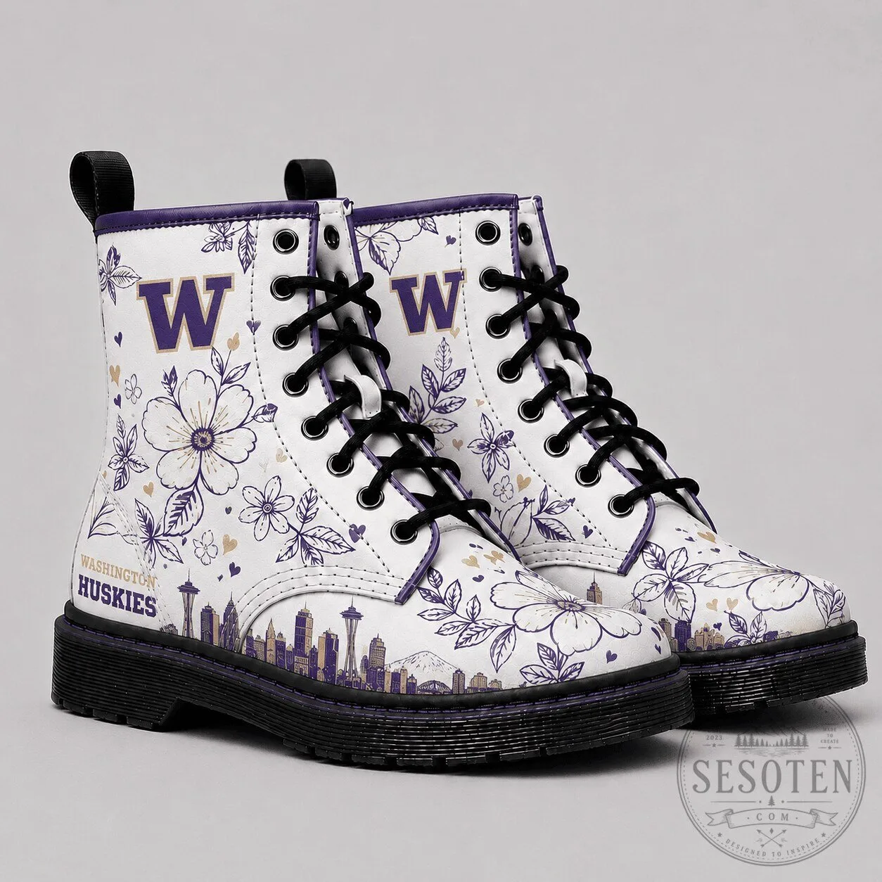 Washington Huskies Floral Pattern Skyline Combat Boots