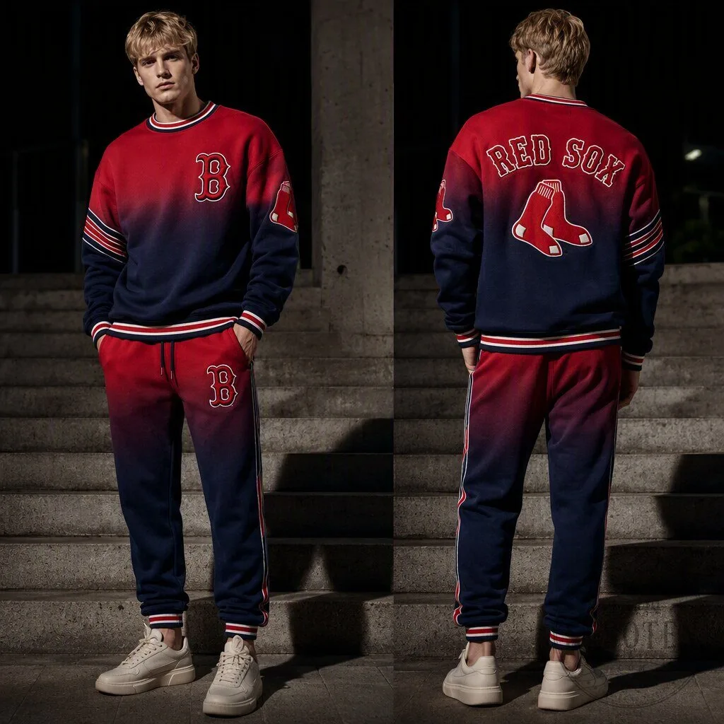 Boston Red Sox Gradient Red and Navy Blue Crewneck Sweatshirt and Jogger Pants Set