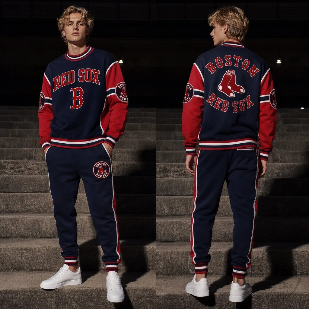 Navy Blue Sweatshirt and Jogger Pants Set featuring Boston Red Sox Team Logo