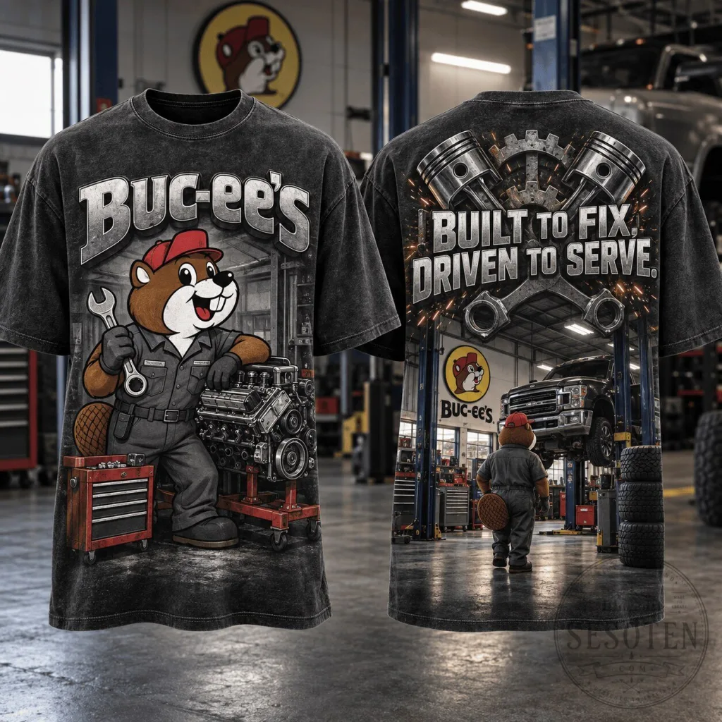 Buc-ee's Mechanic Beaver Built To Fix Driven To Serve Gray T-Shirt Buc-ee's Mechanic Beaver Built To Fix Driven To Serve Gray T-Shirt