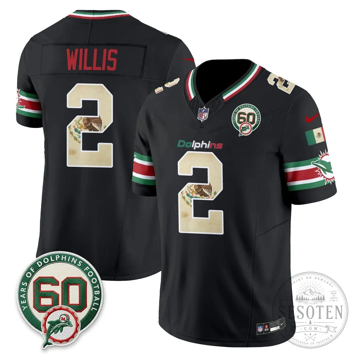 Mexico Edition Football Jersey for De'Von Achane - Miami Dolphins 56 Mexico Edition Football Jersey for De