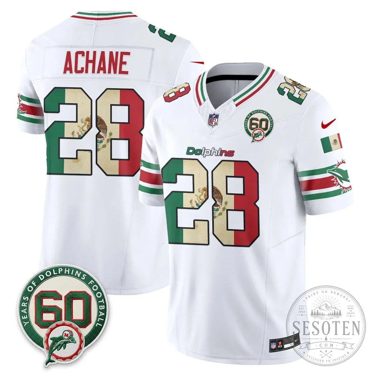 Mexico Edition Football Jersey for De'Von Achane - Miami Dolphins 64 Mexico Edition Football Jersey for De