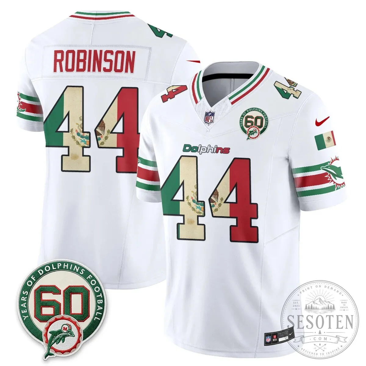 Mexico Edition Football Jersey for De'Von Achane - Miami Dolphins 65 Mexico Edition Football Jersey for De