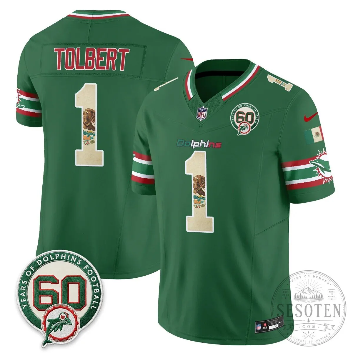 Mexico Edition Football Jersey for De'Von Achane - Miami Dolphins 77 Mexico Edition Football Jersey for De