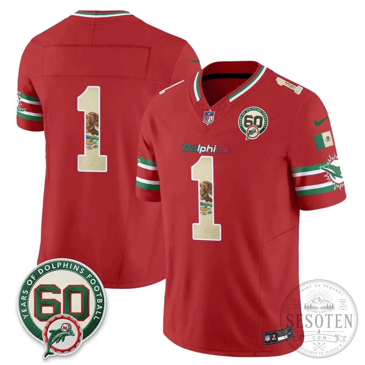 Mexico Edition Football Jersey for De'Von Achane - Miami Dolphins 93 Mexico Edition Football Jersey for De
