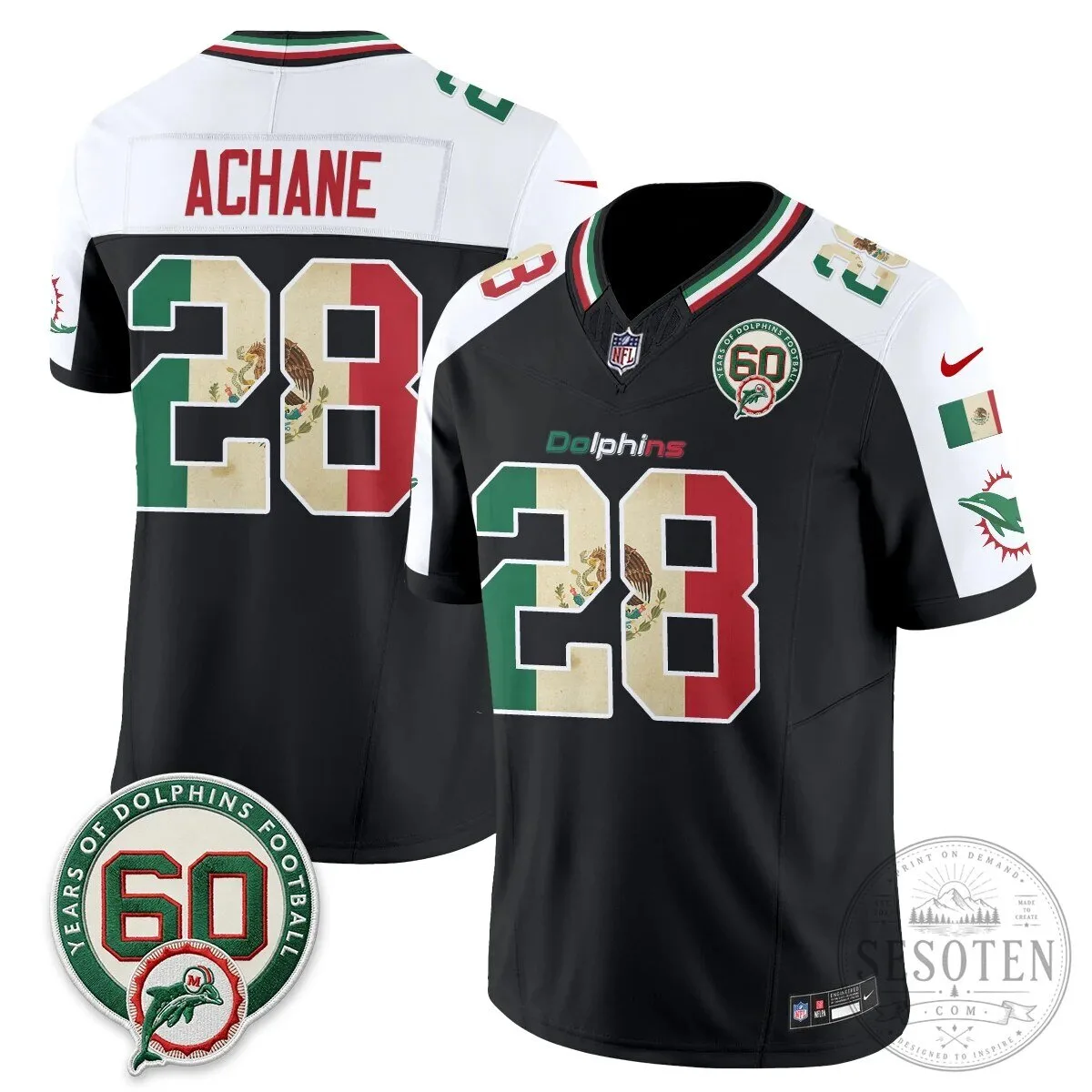 Mexico Edition Football Jersey for De'Von Achane - Miami Dolphins 94 Mexico Edition Football Jersey for De