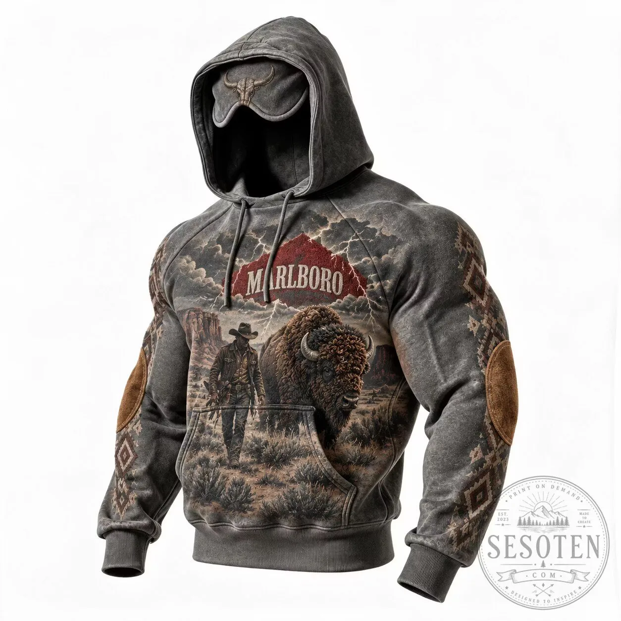 Marlboro Cowboy Bison Western Landscape Men's Pullover Hoodie