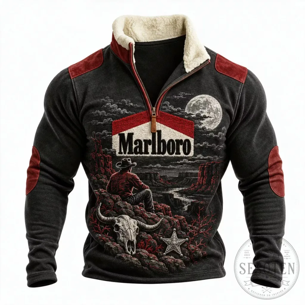 Marlboro Cowboy Full Moon Western Style Half-Zip Faux Fur Collar Sweatshirt Marlboro Cowboy Full Moon Western Style Half-Zip Faux Fur Collar Sweatshirt