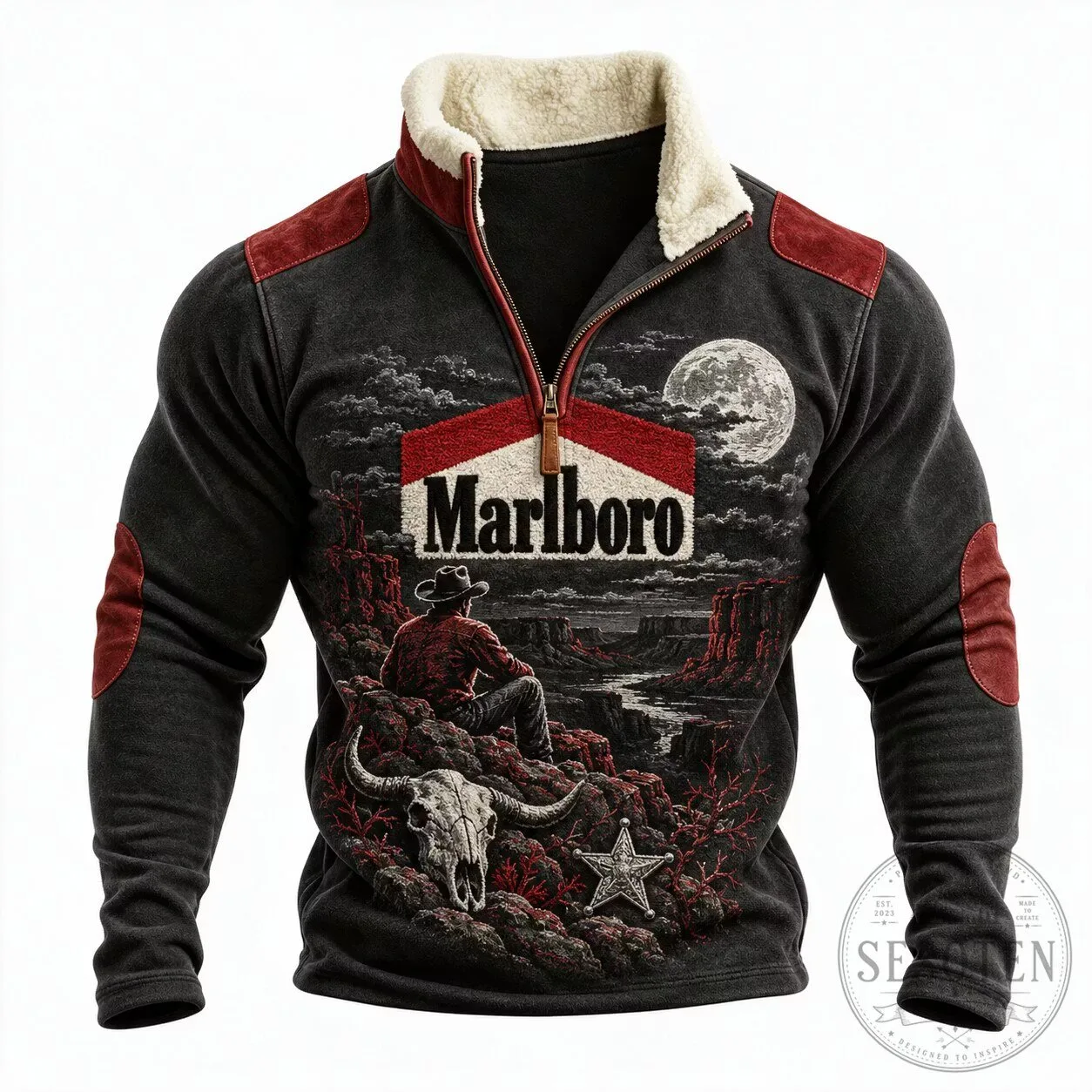 Marlboro Cowboy Full Moon Western Style Half-Zip Faux Fur Collar Sweatshirt