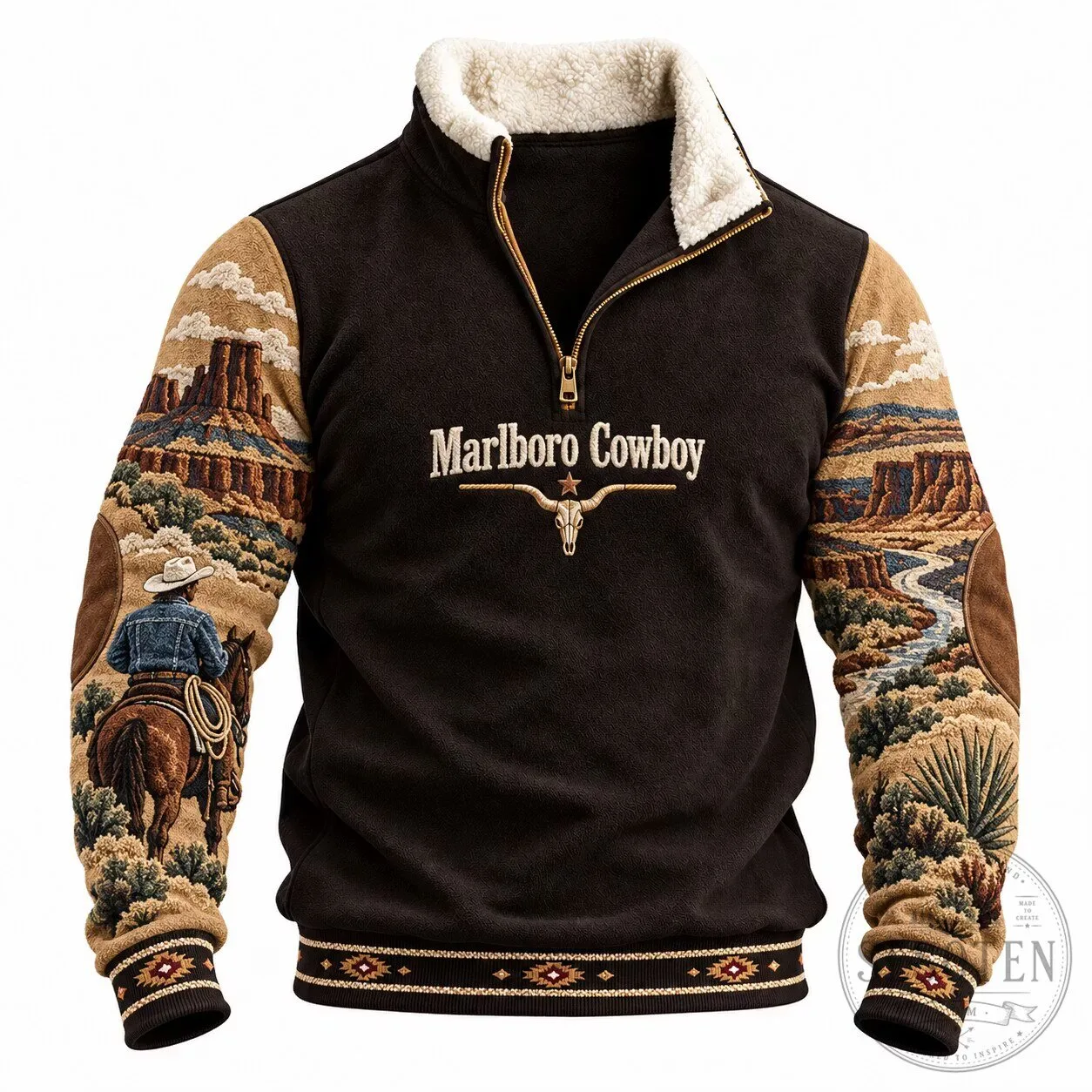 Marlboro Cowboy Western Desert Landscape Half-Zip Faux Fur Trim Sweatshirt 1 Marlboro Cowboy Western Desert Landscape Half-Zip Faux Fur Trim Sweatshirt
