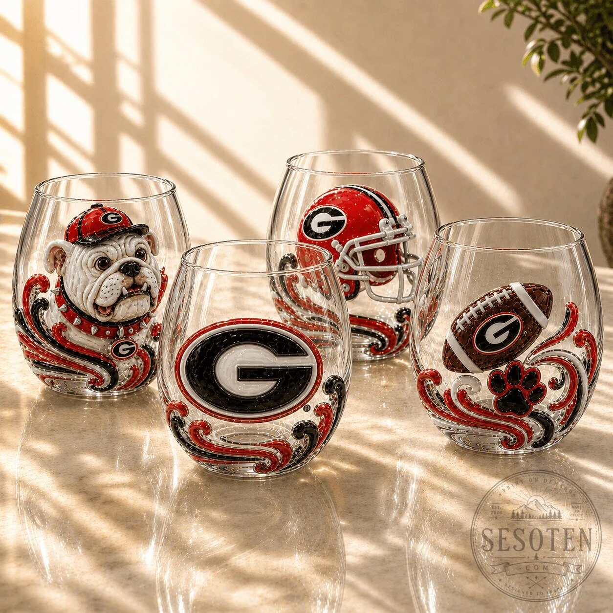 Stemless Wine Glass Set featuring the Georgia Bulldogs Football Team Logo