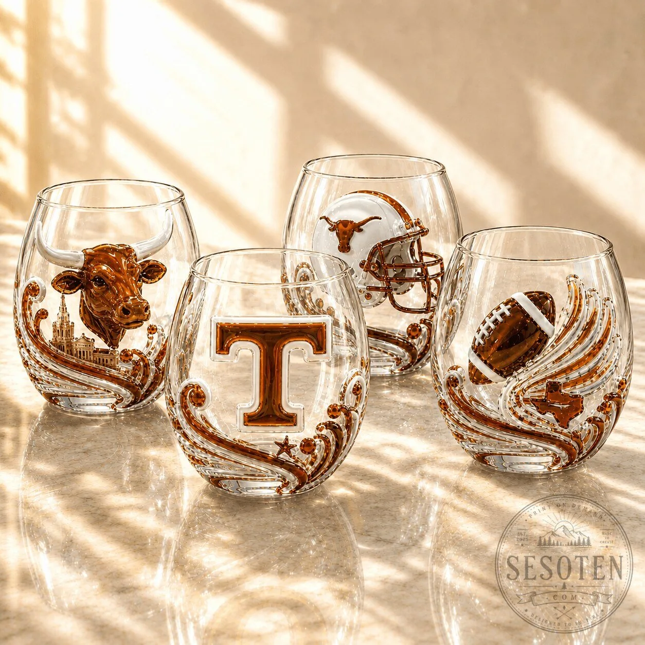 Texas Longhorns Football Team Stemless Wine Glasses Set