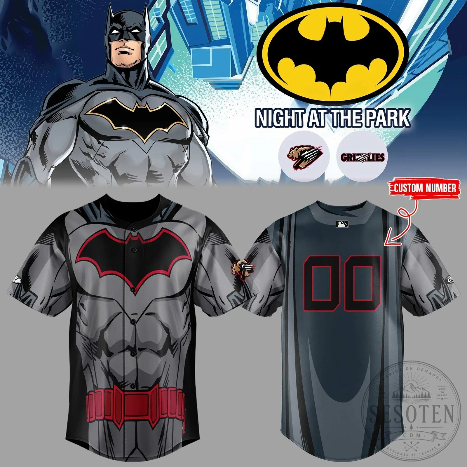 Batman Night at the Park Baseball Jersey, Custom Number DC Comics Apparel