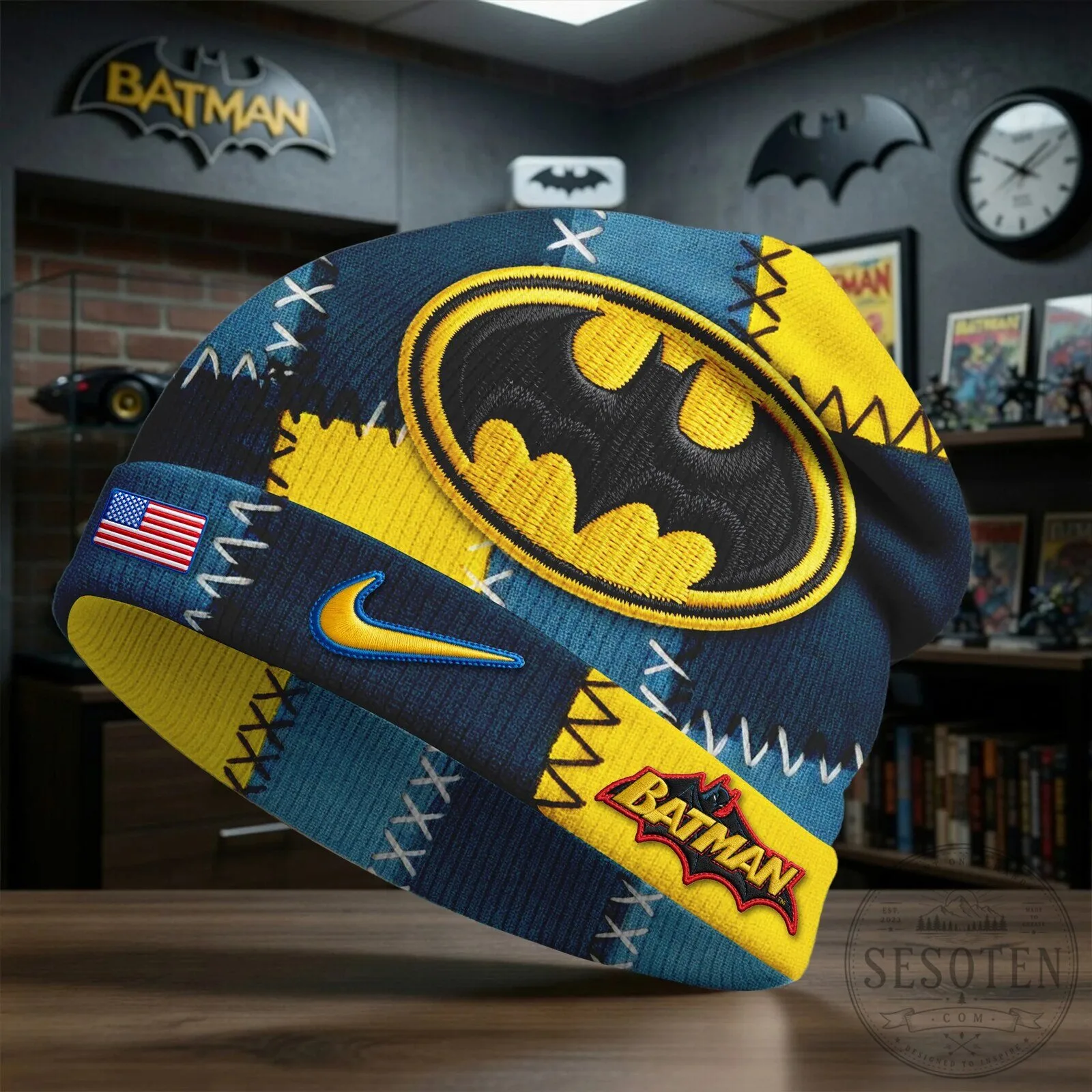 Batman Yellow Black Patchwork Beanie Hat for Comic Book Fans