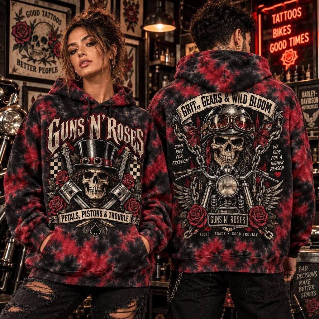 Guns N' Roses Grit Gears Wild Bloom Tie-Dye Hoodie for Rock and Motorcycle Fans Guns N' Roses Grit Gears Wild Bloom Tie-Dye Hoodie for Rock and Motorcycle Fans