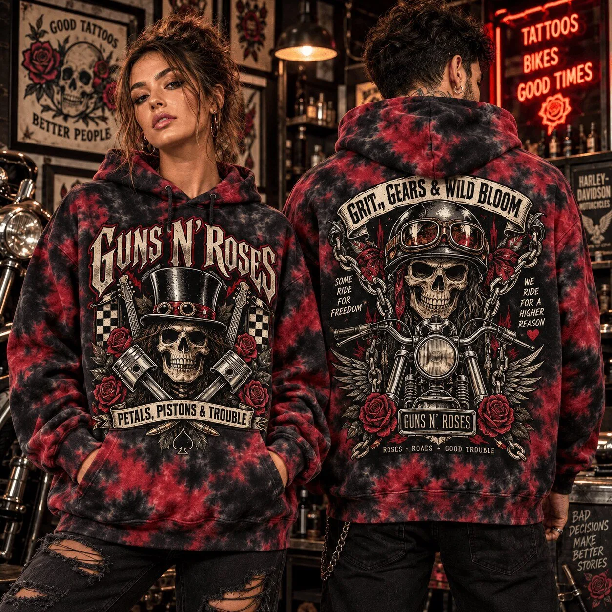Guns N' Roses Grit Gears Wild Bloom Tie-Dye Hoodie for Rock and Motorcycle Fans