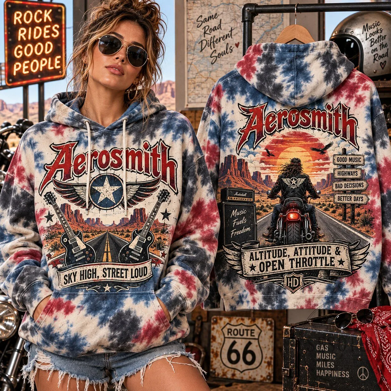 Aerosmith Open Throttle Highway Rock Band Tie-Dye Hoodie for Music Lovers
