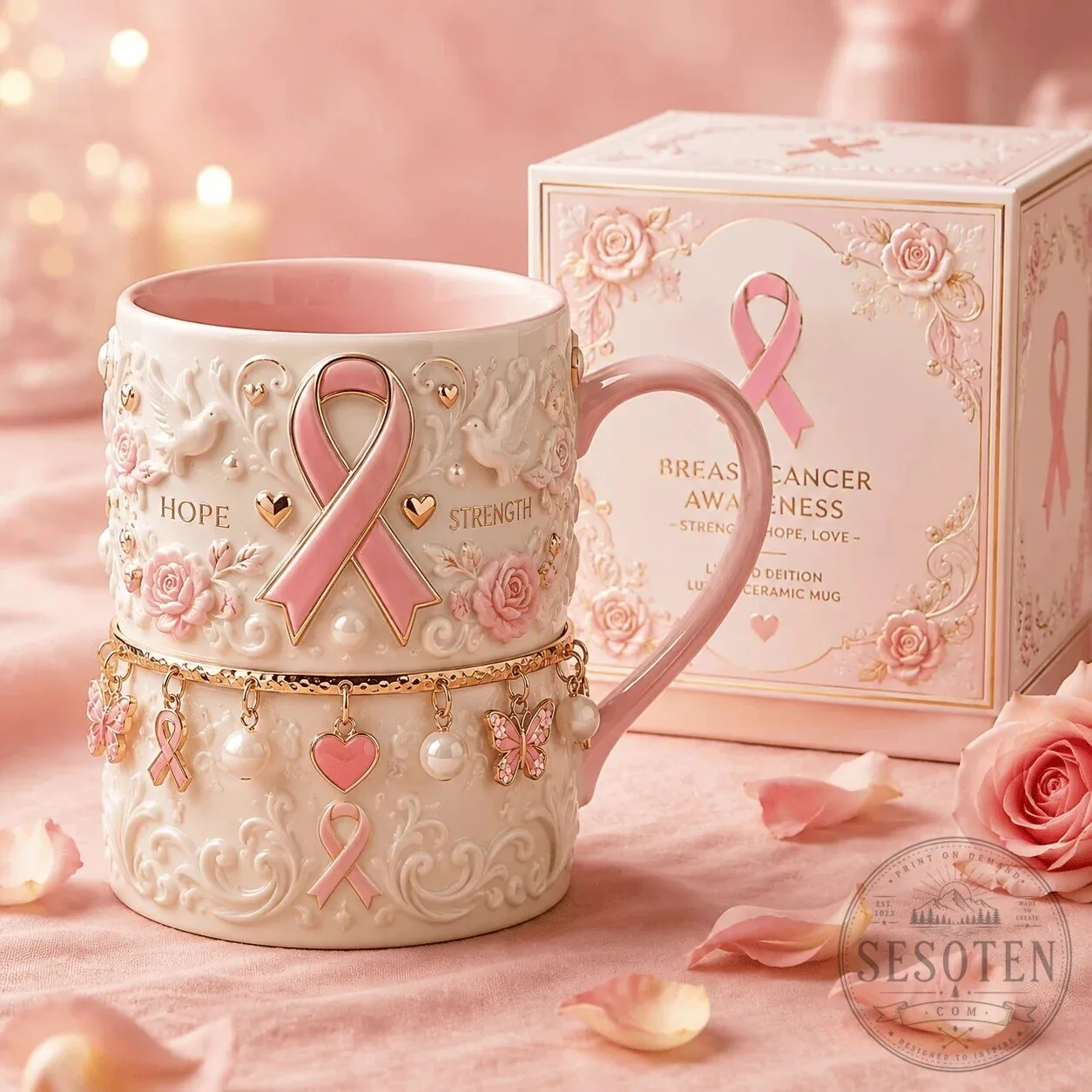 Breast Cancer Awareness Pink Ribbon Hope Strength Love Ceramic Mug