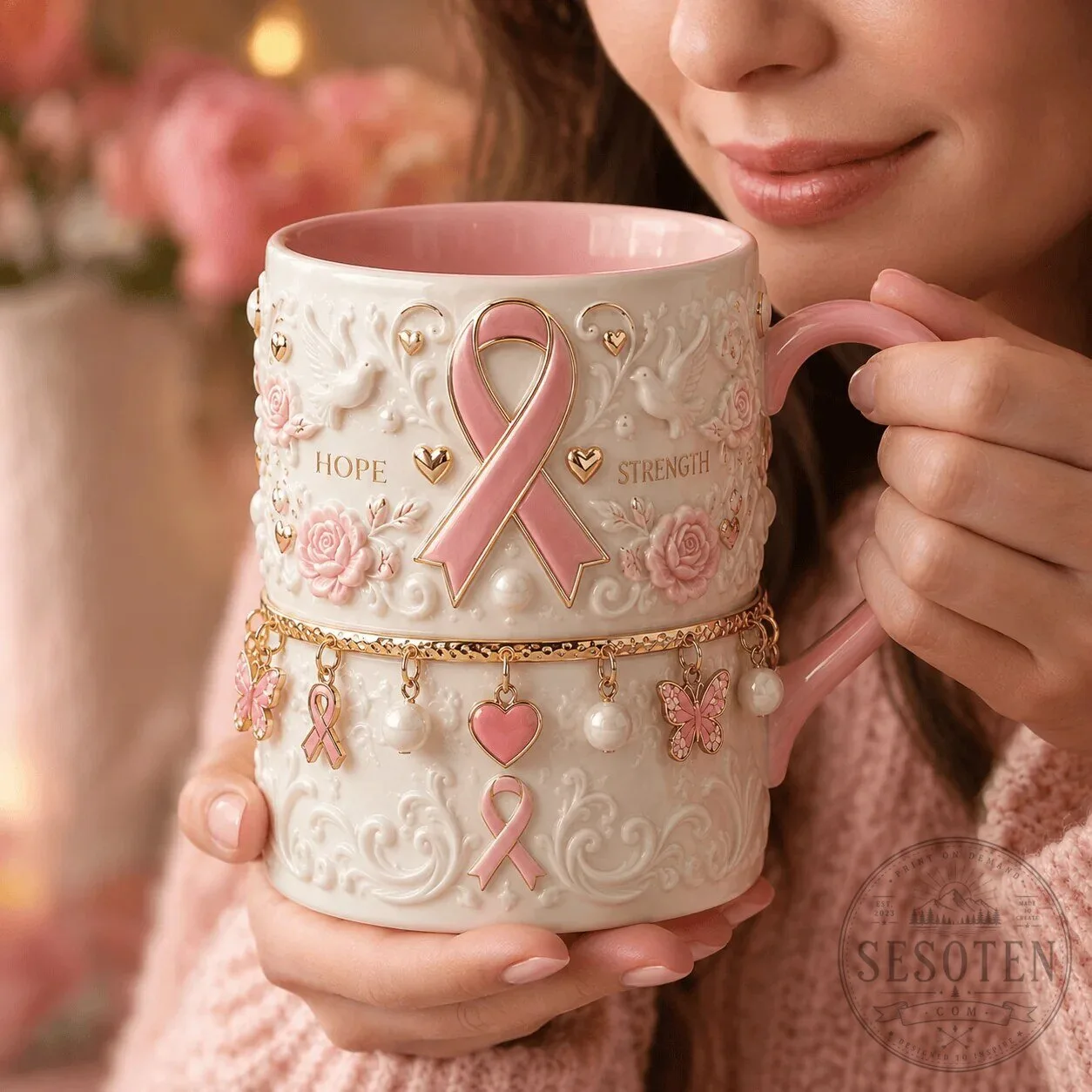 Breast Cancer Awareness Pink Ribbon Hope Strength Love Ceramic Mug 5 Breast Cancer Awareness Pink Ribbon Hope Strength Love Ceramic Mug