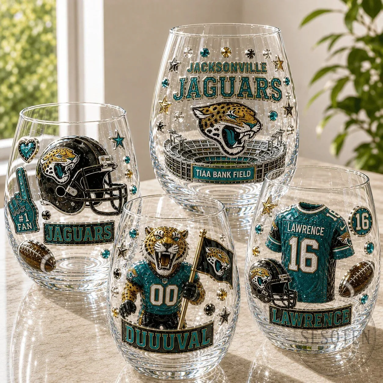 Jacksonville Jaguars NFL Football Stemless Wine Glass Set