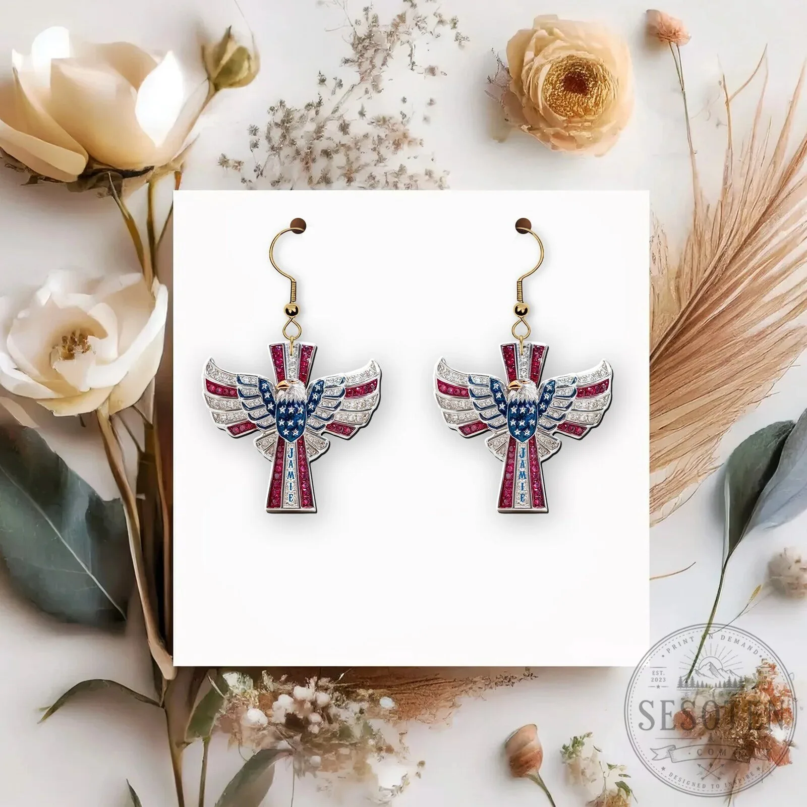 American Flag Eagle Cross Dangle Earrings, Personalized Christian Jewelry Gift