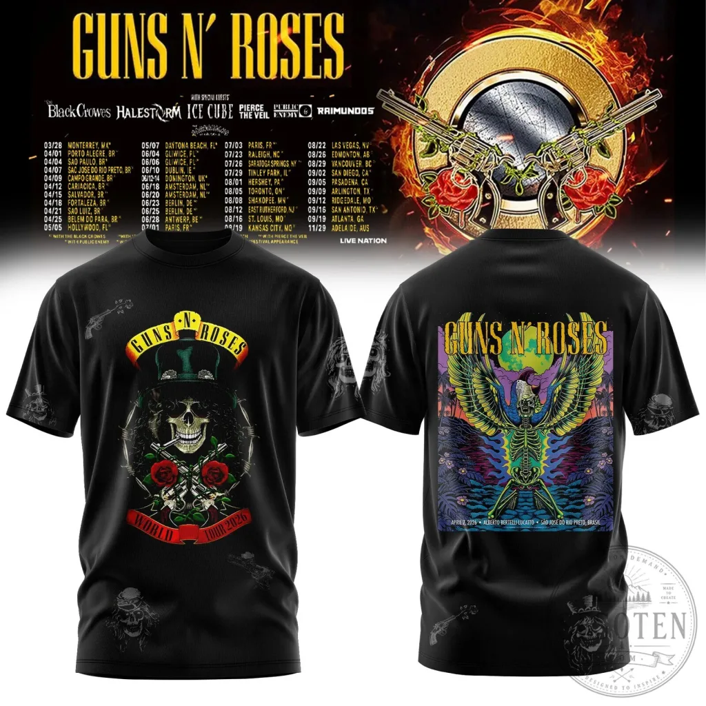 Guns N' Roses World Tour 2026 Skull Here We Go Rock Band T-Shirt Guns N' Roses World Tour 2026 Skull Here We Go Rock Band T-Shirt