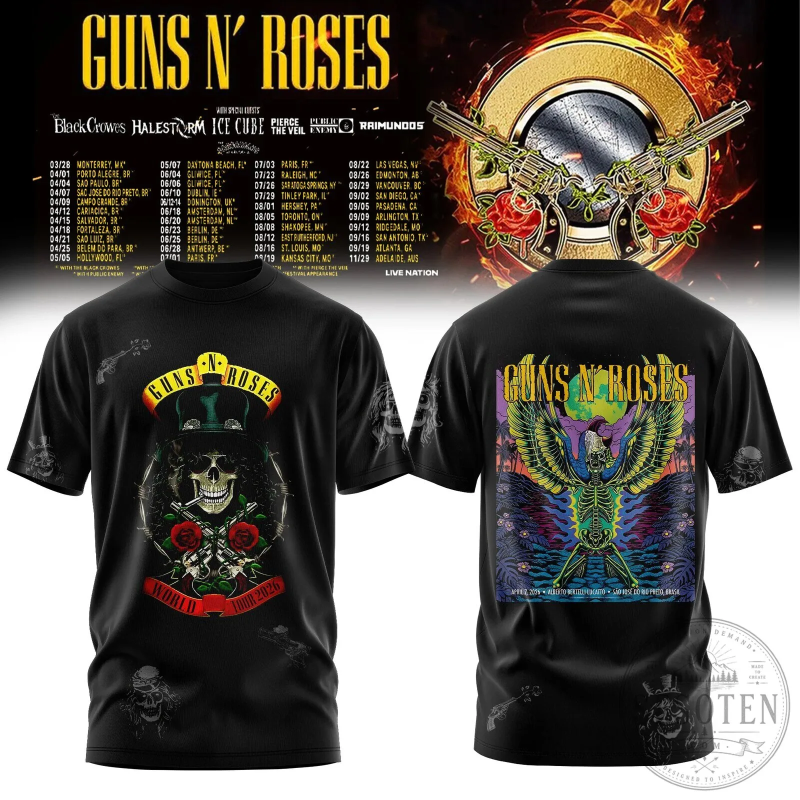 Guns N' Roses World Tour 2026 Skull Here We Go Rock Band T-Shirt